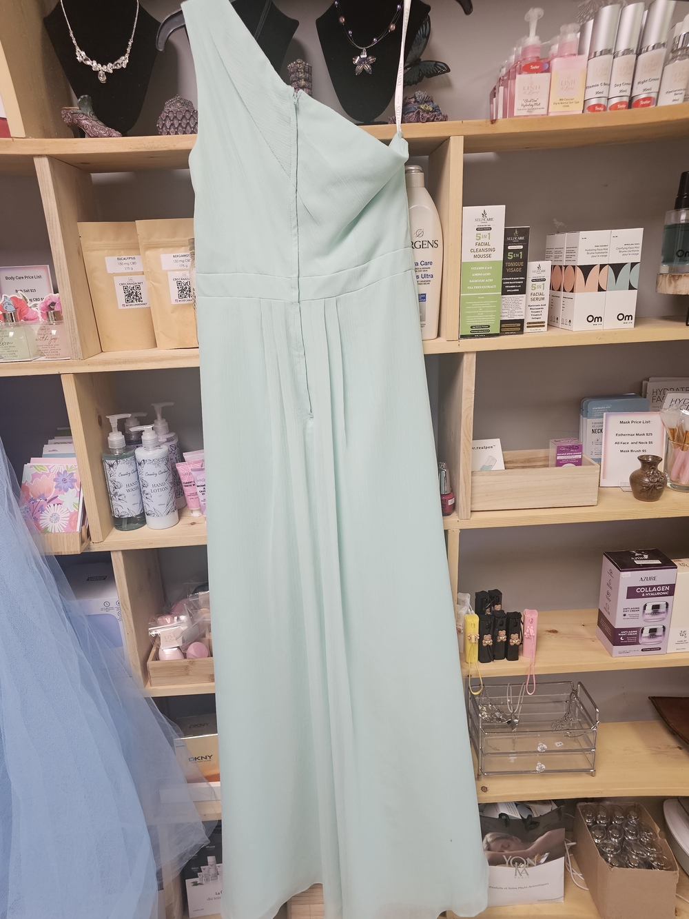 David's Bridal One-Shoulder Chiffon Gown in Mint - Picture 3 of 4